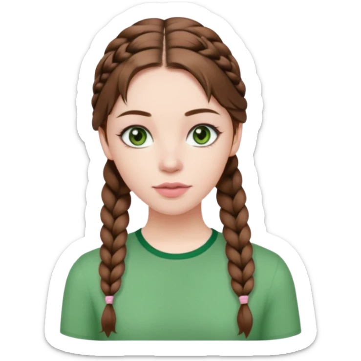 create an emoji of a young woman. She has a nice look, with long brown hair in a braid, dark green eyes, pale skin, natural soft pink lips. she wears a green y2k top sticker