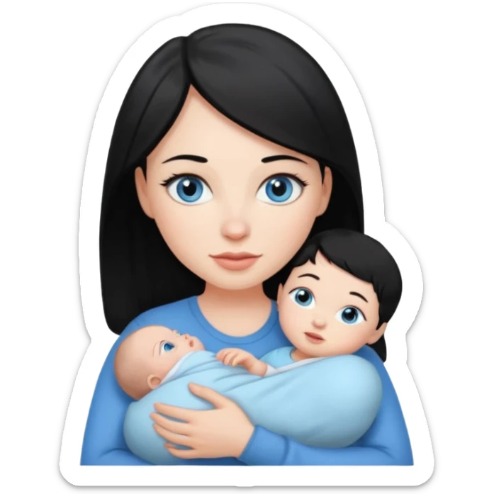 mom holding newborn baby girl with blue eyes white skin and black hair and white skin newborn girl bab white skin black hair sticker