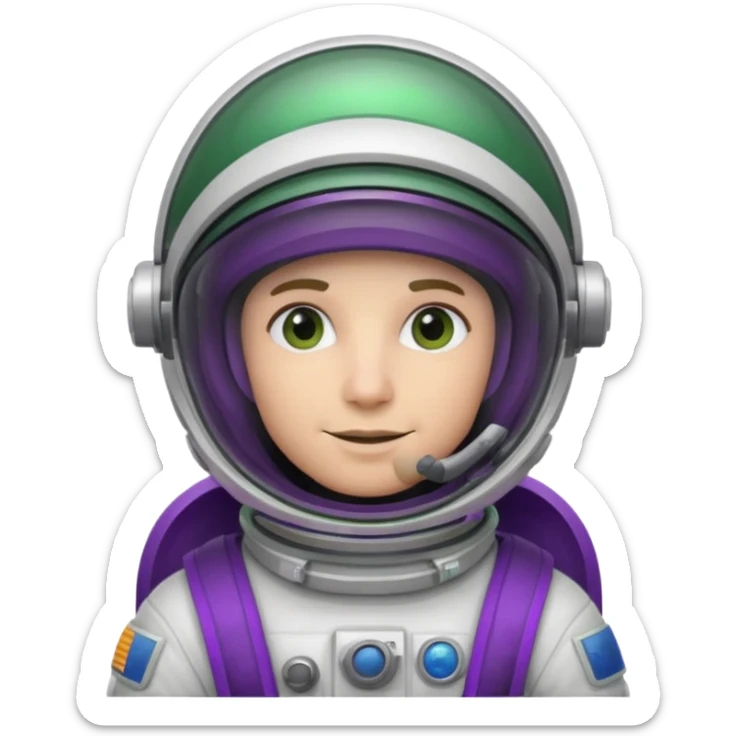 An astronaut wearing a cowboy's hat on his helmet, green and purple accents for the space suit sticker