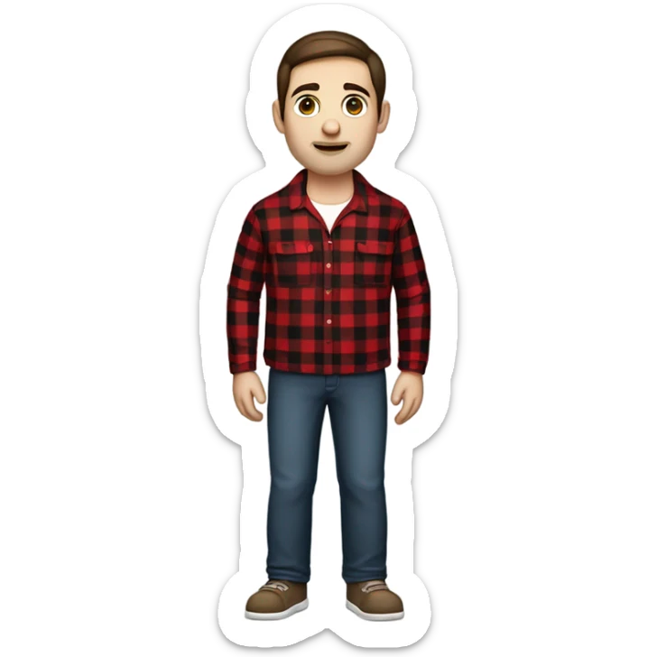 Man with straight brown hair and brown eyes wearing red and black buffalo plaid pjs. White skin. Full body. sticker
