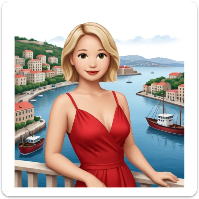 jennifer lawrence, red dress leaning on a balcony with a harbor and cityscape in the background, smiling, closeup sticker