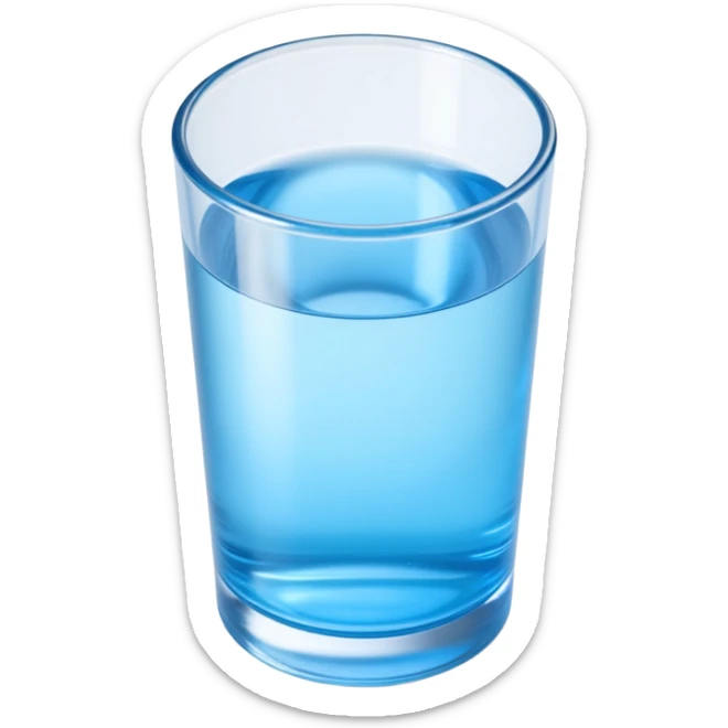 glass of water icon, skeuomorphism style, transparent glass, water, light refraction effects sticker