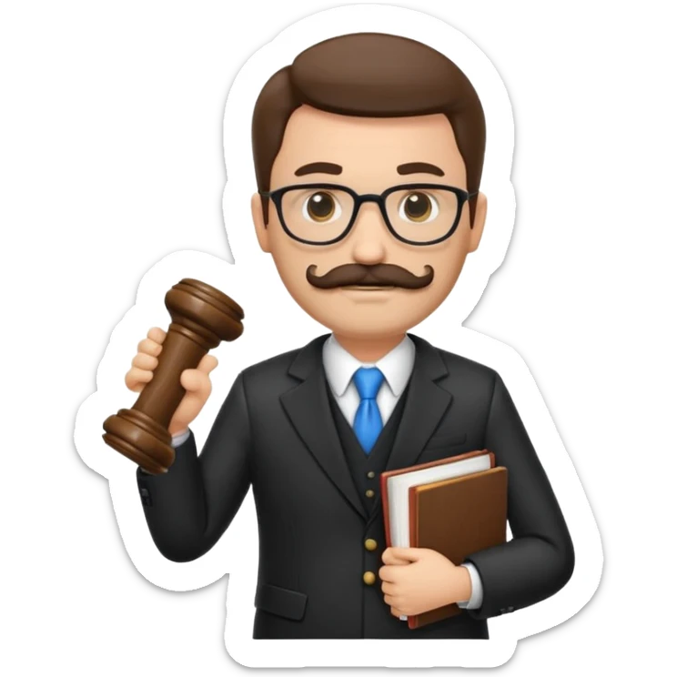 “Create a clean, modern emoji-style illustration of a male lawyer. He is wearing a formal suit jacket. He is holding a judge’s gavel in one hand and has a law book tucked under his arm. He has a mustache and beard!, and he is wearing glasses. sticker