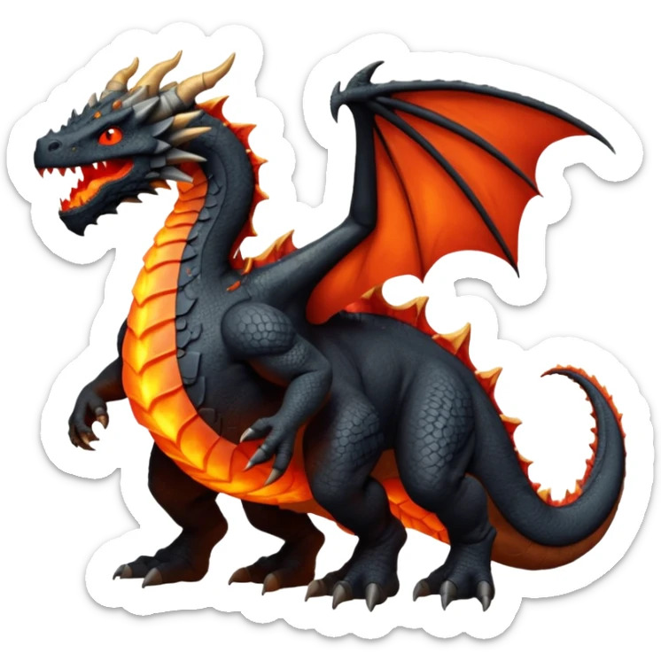 Le Molosse de Lave, c’est un monstre volant fait de roche et de magma, genre un dragon golem sorti d’un donjon niveau enfer.
Son corps est énorme, tout en pierre noire craquelée sticker