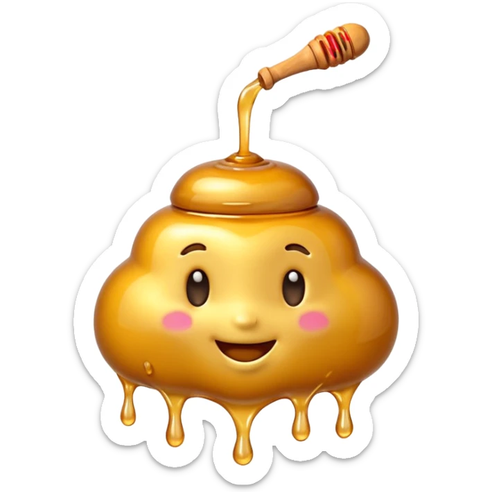 3D iPhone style emoji of golden honey, thick and glossy texture, dripping slowly, isolated on white background, soft shadows, high detail, playful and cute. sticker