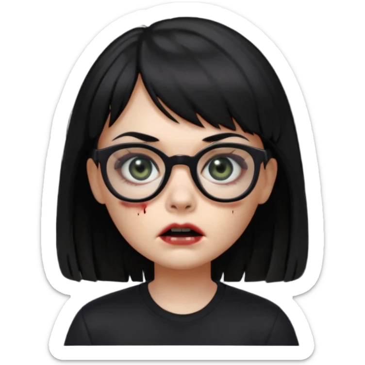 A zombie girl in Apple Memoji format with straight black hair with bangs, wearing a black shirt and black glasses sticker
