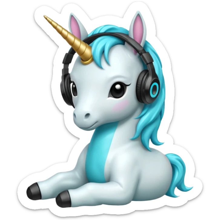 Unicornio bebé cyan sentado escuchando música con auriculares negros sticker