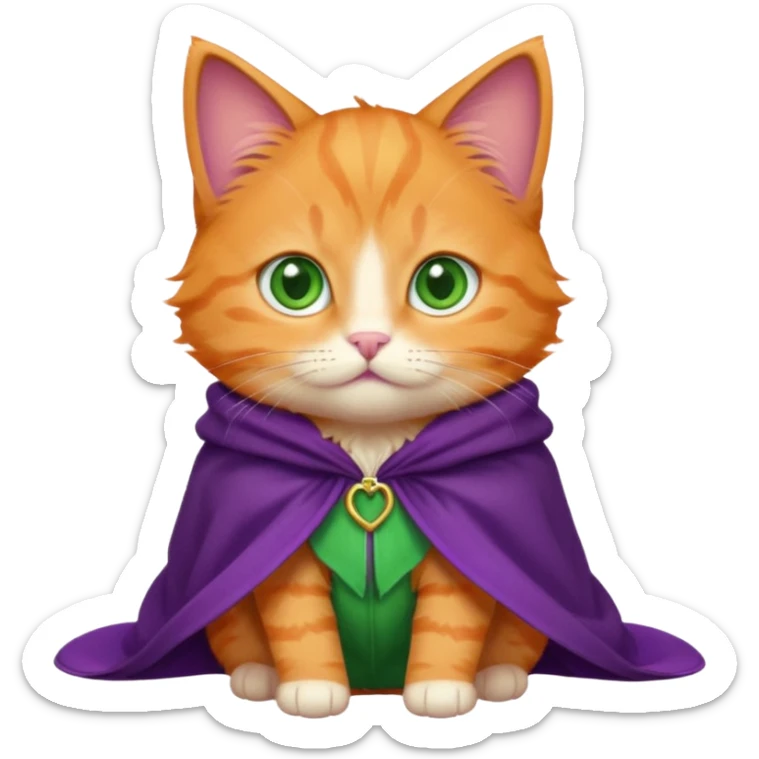 baby orange cat green eyes, in purple cloak sticker