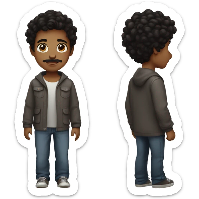 Wavy black hair boy, with brown eyes, little bit of mustache, and a little bit of goatee sticker