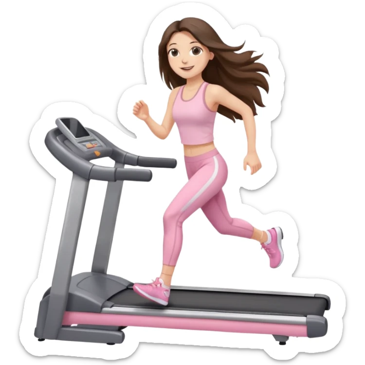 happy long haired brunette girl hazel eyes in light pink walking on treadmill  sticker