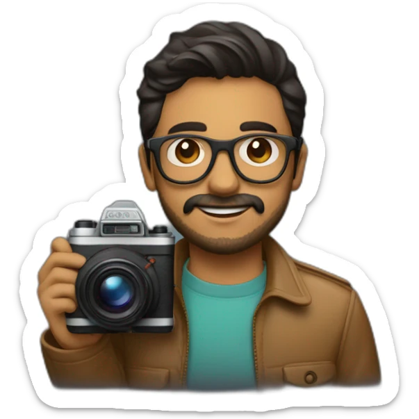 Young Latino film director, small beard and glasses is holding a super 8mm film camera sticker