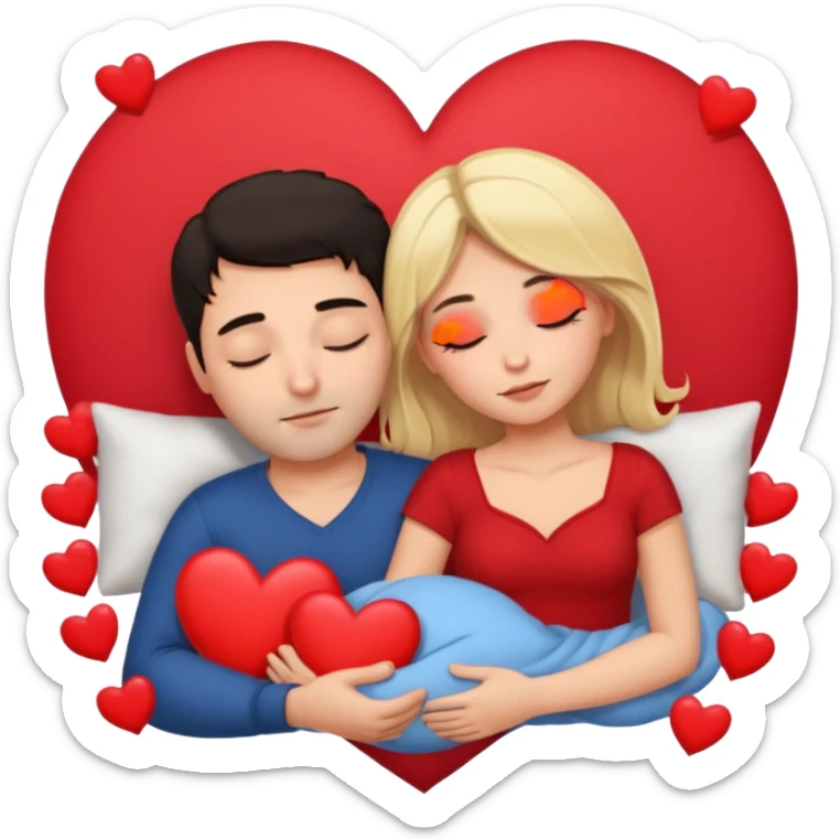 Sleeping couple. two people. man has dark hair. woman is blonde. hearts surrounding them. sticker