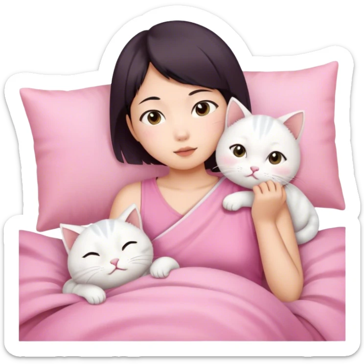 Short hair Asian girl in pink cloth wake up with white cat  sticker