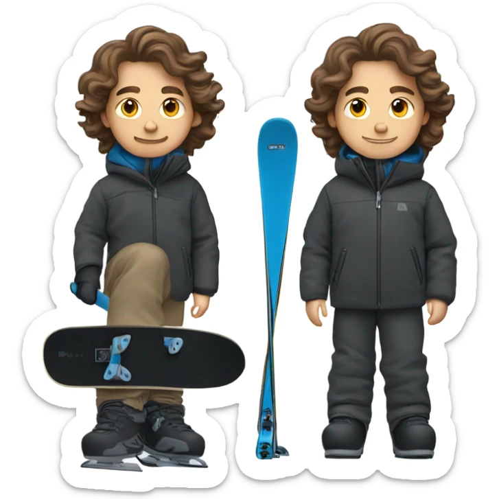 1 white Boy with wavy brown hair skiing with blue skis. He is wearing all black snow pants and a gray jacket   sticker