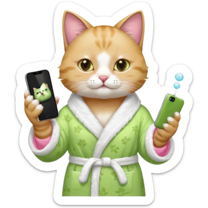 I want a CAT whit a iced macha on her paw and i want her to ne wearing a pink bath rope And she will have a face mask on her face and phone on the opisite paw whit the macha sticker
