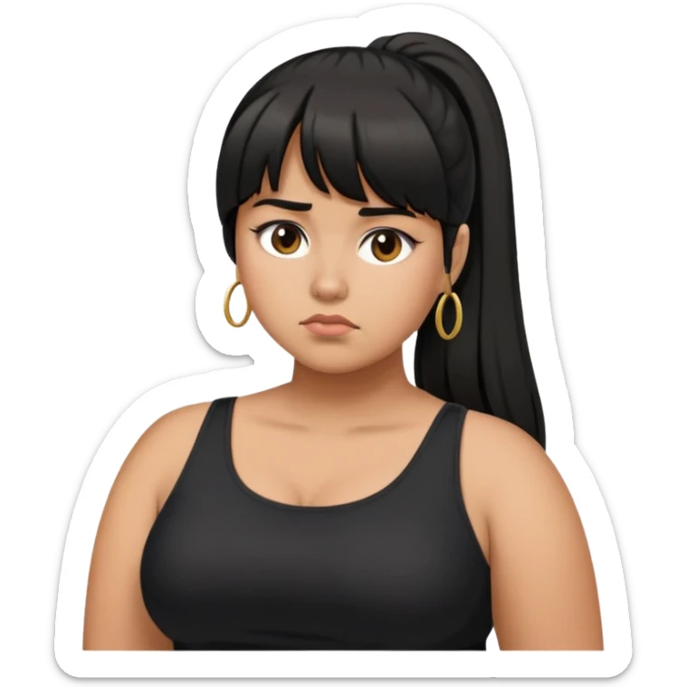 Latina girl with bangs black long hair in pony tail plus size black dress disappointed  sticker
