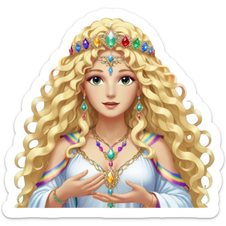 a being made of light pleidian nordic long faces and curly huge thick blond hair but beautiful features of light wearing jewels and a rainbow halo like a saint arount her a robe on made of light and gem  transparent belly dancer and who is lanky holding a bouquet of crystal flowers on rainbow fire sticker