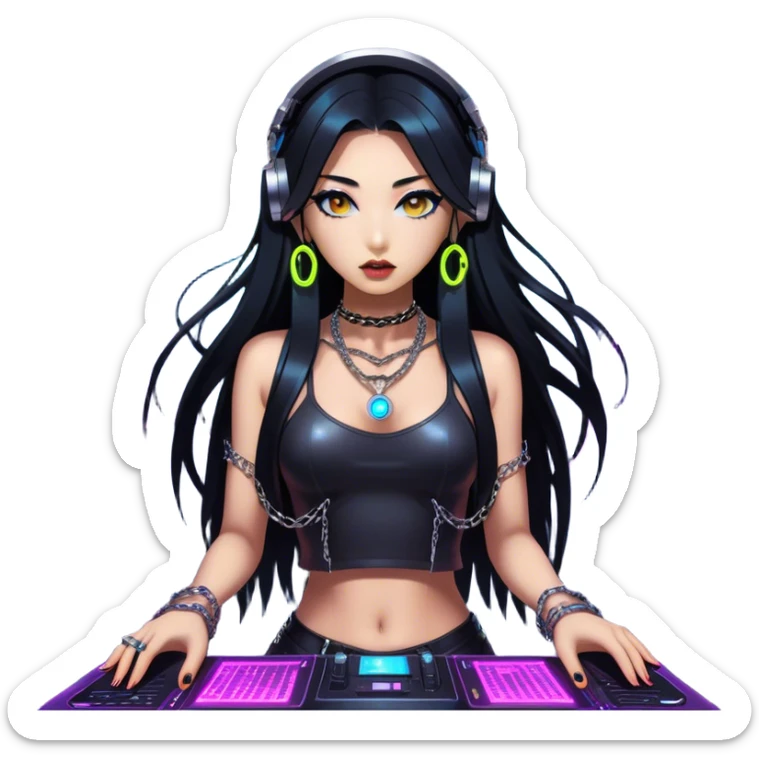 Korean techno DJ girl, wearing a stylish edgy outfit with metallic chains, long black hair, performing in a neon-lit underground club, cyberpunk aesthetic, high-detail 3D emoji style, energetic and intense vibe. sticker
