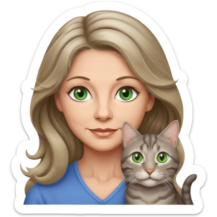 beautiful 50 yr old woman, long wavy dark blonde hair, blue green eyes with one beautiful gray tabby cat with olive eyes sticker