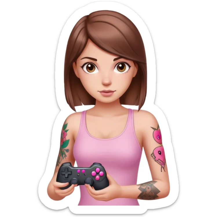 White girl with arm tattoo and brown hair holding a pink game controller sticker
