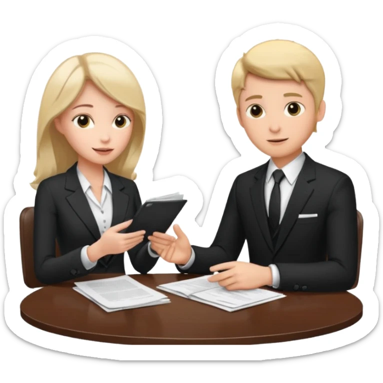 man in formal suit talking to woman in formal suit, they sit, papers in hands on the table sticker