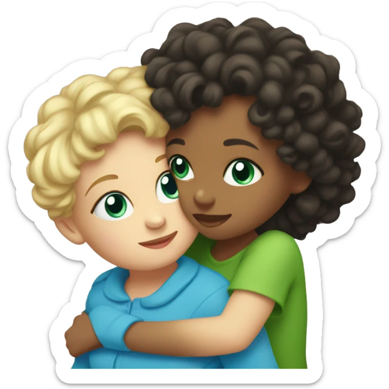 Toddler with curly dark hair and green eyes hugging her blonde mom with blue eyes sticker