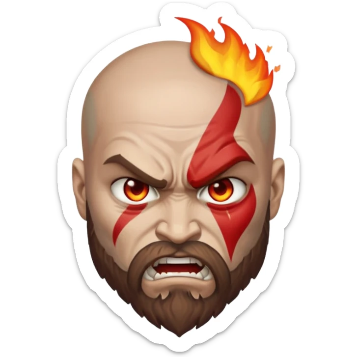 A custom emoji design of "Kratos" from "God of War", "Rage mode with fire eyes", "Apple Emoji Style", isolated on white background, clean lines, high quality sticker style, vector graphics, minimalistic sticker