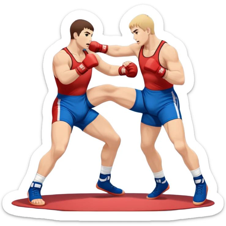 Two Sambo fighters in blue and red gis with shorts and wrestling shoes, executing gripping and throwing techniques. The fighters are engaged in a dynamic, action-packed moment with no strikes. The background features a wrestling mat, focusing on the technique and control. Transparent background  sticker