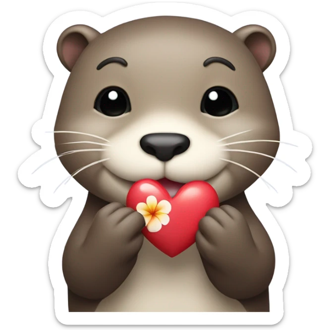A happy and cute otter face with a Hawaiian flower tucked behind its ear, holding a heart. sticker