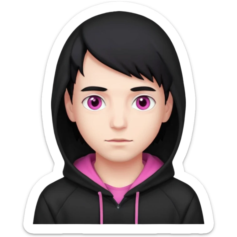 young man that has pink eyes with black hair and wearing a black hoodie sticker