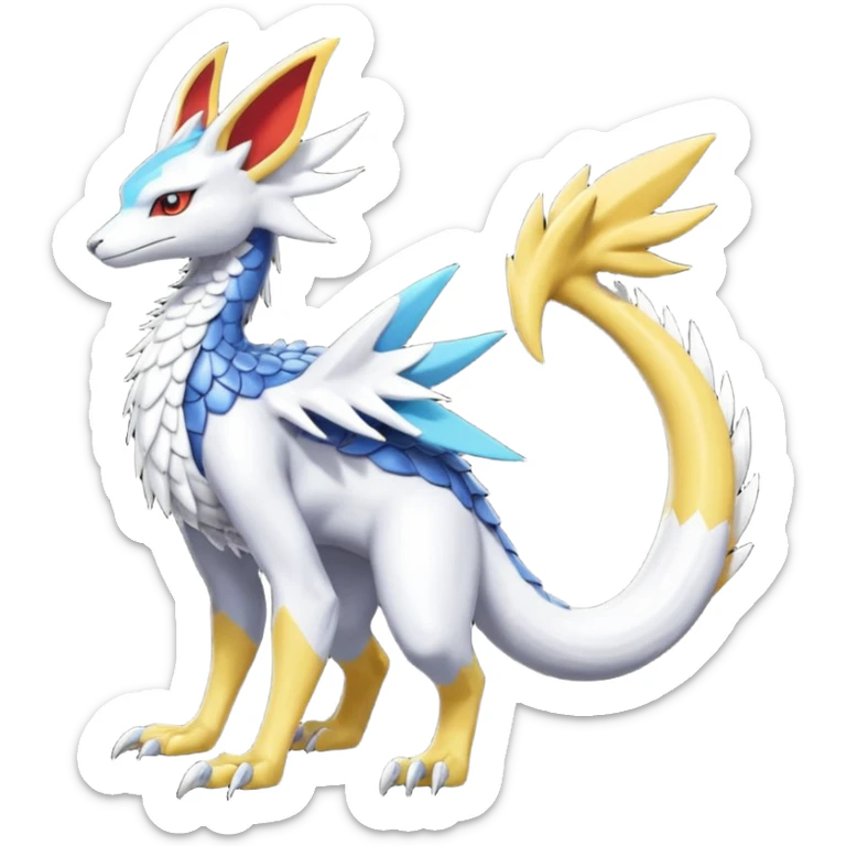 Colorful scaly flurry Latias-Vernid-Lombax-Renamon-Zeraora-Bastet-Fakémon-hybrid-fusion-creature, full body sticker