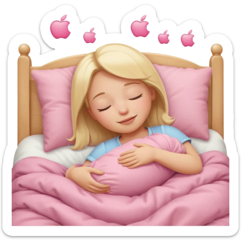 a girl with blonde hair, eyes closed, peacefully sleeping in a baby pink bed, simple and expressive, minimal details, apple emoji style sticker