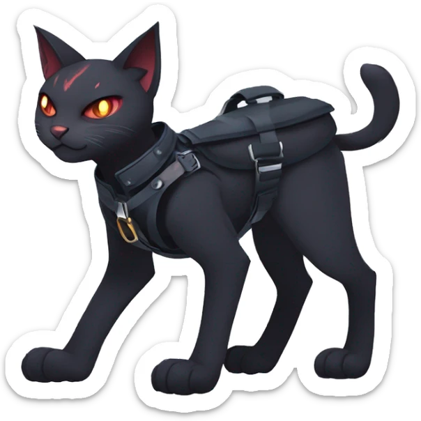 cool edgy fantasy dark-shadow-themed animal vampiric cat hybrid Fakemon  with a harness and collar full body sticker