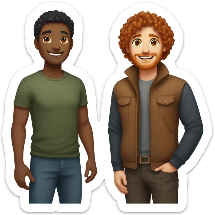 Create an emoji of a couple: a woman with curly log red hair and brown eyes, and a man with short straight black hair and light brown skin. Both should be smiling warmly and standing close together, embracing each other affectionately sticker