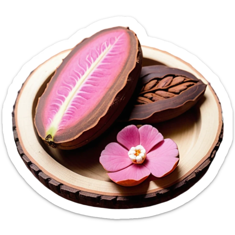 Una miniatura fotorrealista de un trozo de manteca de cacao pura y una pequeña rosa seca sobre una superficie de madera rústica y cálida. La luz debe resaltar la textura de la manteca. Colores: tonos tierra, marrón, terracota y rosa suave. Estilo: plano y orgánico sticker