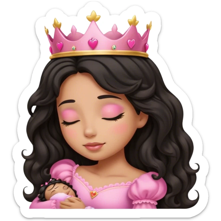 Very tanned princess, with long black wavy hair and a crown, a pink princess Outfit. In love with hearts. With Closed Eyes. Sleeping. sticker