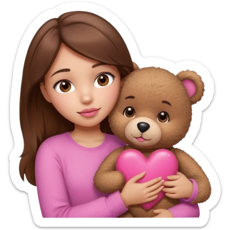 girl with long wavy brown hair, brown eyes, light to medium complexion, in a pink shirt, pink lips, long lashes, hugging squeezing  a teddy bear with hearts sticker