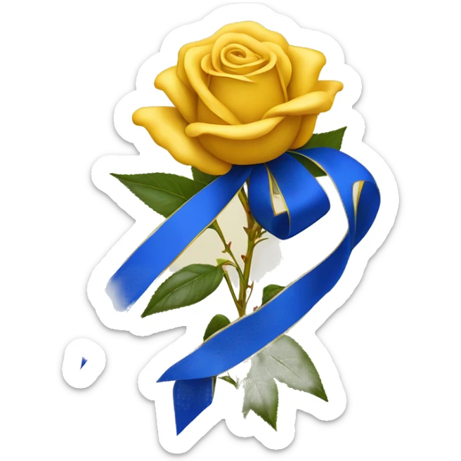 Royal blue and gold ribbon tied around the stem of a yellow tea rose sticker