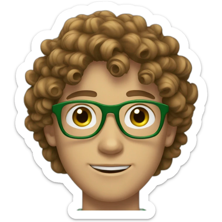 white 19 year old guy with green eyes and curly brown hair and circular green glasses sticker