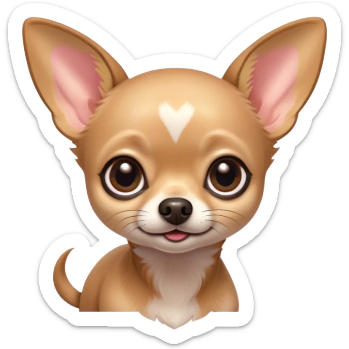 Cinematic Cute Fawn Short Haired Chihuahua Portrait Emoji, Head tilted playfully and inquisitively, smooth fawn fur with a healthy sheen, round, sparkling dark eyes filled with curiosity, Simplified yet irresistibly adorable features, highly detailed, glowing with a warm, friendly glow, high shine, affectionate and lively, stylized with a touch of whimsy, bright and endearing, soft glowing outline, capturing the essence of a mischievous yet loving pup, so playful it feels like it could bound out of the screen and into your arms! sticker