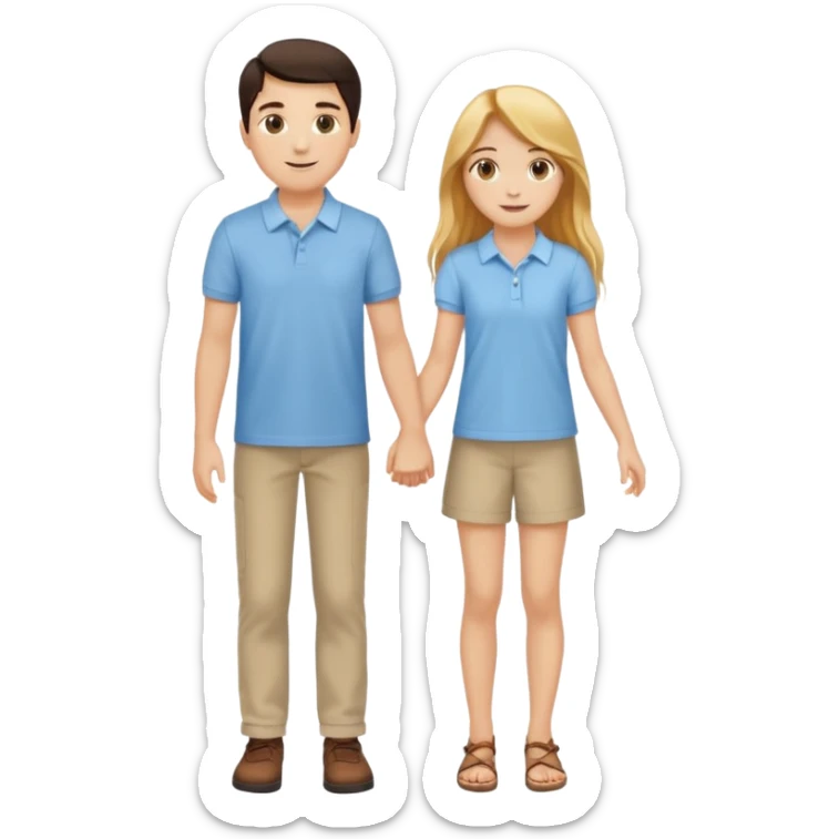 full-length happy couple, girl with long golden hair and hazel eyes in summer outfit, boy with dark hair in light blue polo sticker