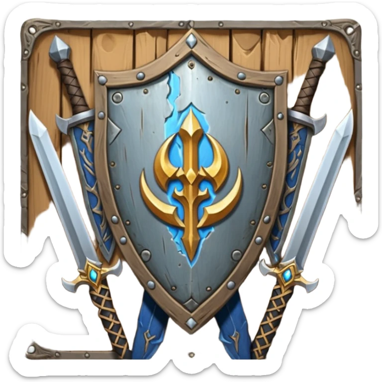  two sword cross, next to or in front of a shield, world of war craft style, elven flare sticker