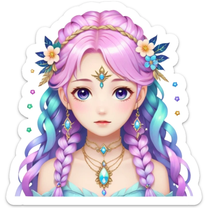 Beautiful gorgeous anime lady with beautiful iridescent-nebula-braided-hair, fashion aesthetic, ethereal, fairycore, pastelcore, feather, flowers, gems, accessories, jewelries, gold, colorful sticker