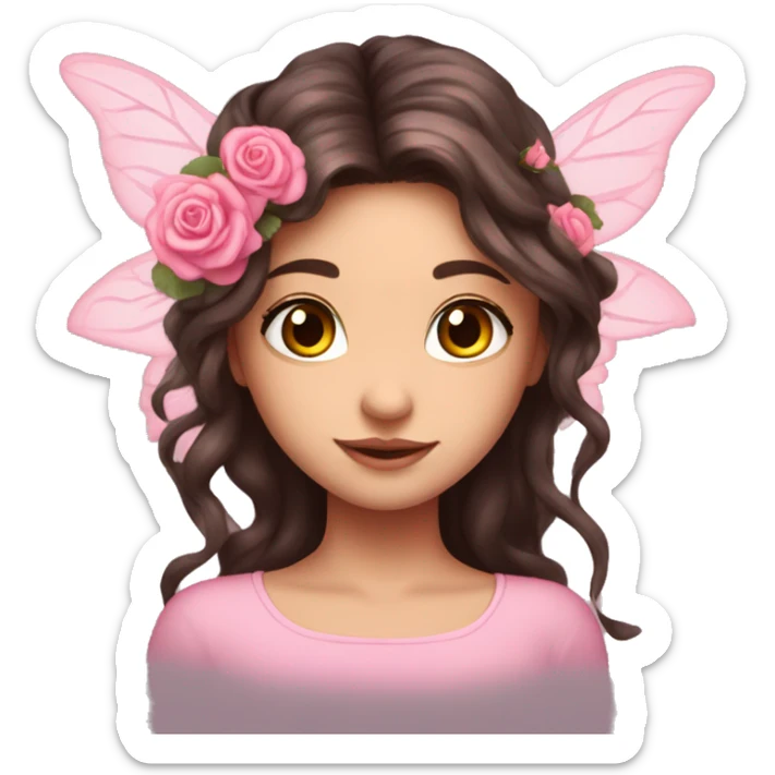 Beautiful, rose, fairy, pink, flowers in hair, long dark brown hair, big wings, fair skin sticker