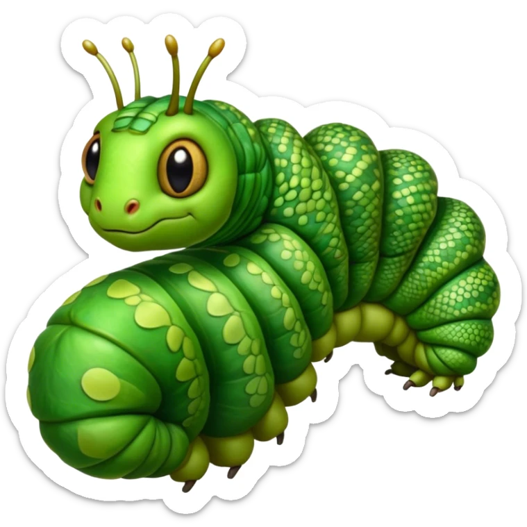 Cinematic Realistic Noble Caterpillar Portrait Emoji, Poised and serene, with a slender, segmented body covered in vivid, detailed green scales accented by subtle natural patterns, and a tiny, focused face with delicate, inquisitive eyes, rendered with lifelike texture and soft natural lighting, high shine, intelligent and delicate, styled with an air of woodland elegance, focused and attentive, soft glowing outline, capturing the essence of a watchful and confident looper caterpillar that appears ready to inch gracefully out of the screen with natural authority! sticker