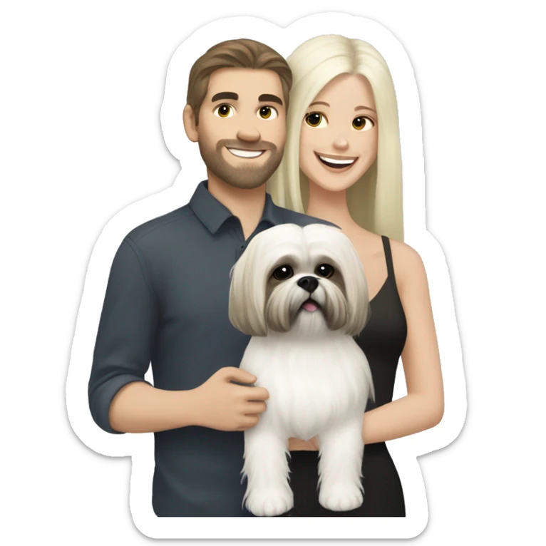 White blonde long-haired girl with white brunette boy carrying happy, black Shih Tzu sticker