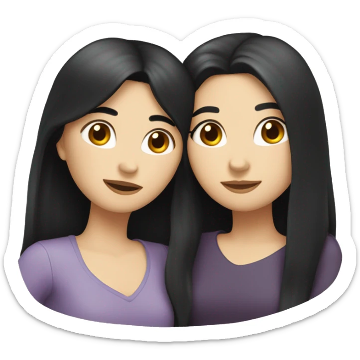 A lesbian couple that both have white skin and long black hair are hugging intimately, and romantically. sticker