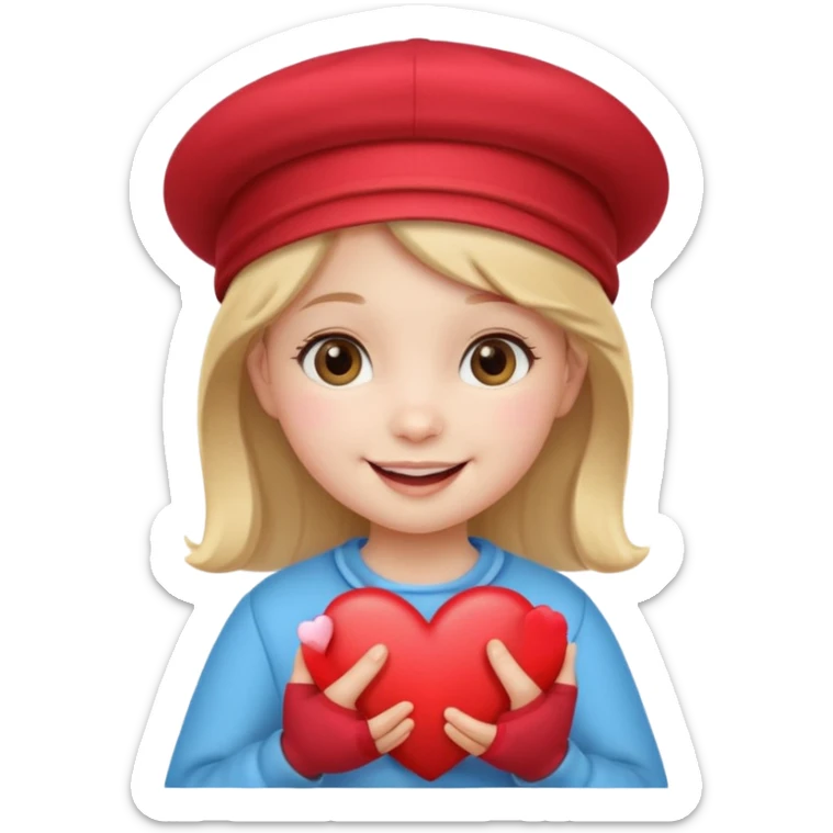 a little girl holding a heart, a cute and cheerful face, wearing a hat sticker