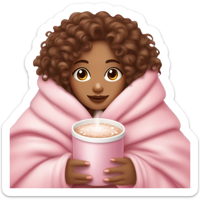 Light skin girl  with brown curly hair under our pink blanket,make her look like a young  make it so you can see the curly hairsipping hot cocoa with marshmallows, cuddled around the blanket, long curly hair, long, medium lashes sticker