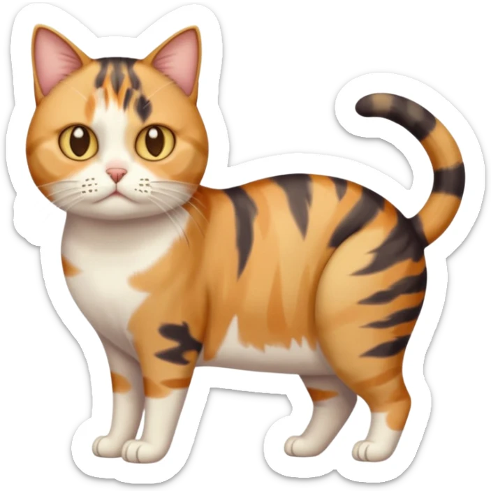 full body calico tabby cat with skinny head and fat body with an anxious face sticker